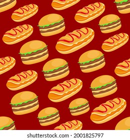 Nutritious burger and hot dog will give you a hearty a joyful day, patter on colored background