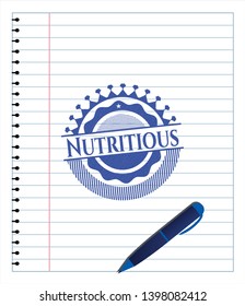 Nutritious emblem with pen effect. Blue ink. Vector Illustration. Detailed.