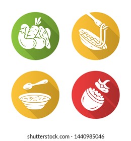 Nutritious food flat design long shadow glyph icons set. Vegetables, pasta, stuffed tomato, soup. Healthy nutrition. Salad, spaghetti. Vector silhouette illustration