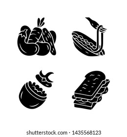 Nutritious food glyph icons set. Vegetables, pasta, stuffed tomato, sandwich. Cafe, restaurant snack, appetizer. Healthy nutrition. Salad, spaghetti. Silhouette symbols. Vector isolated illustration