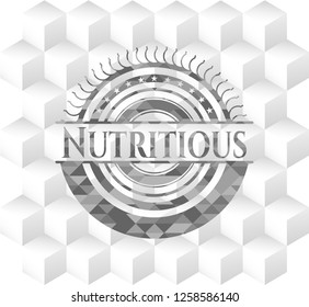 Nutritious grey badge with geometric cube white background