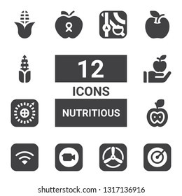 nutritious icon set. Collection of 12 filled nutritious icons included Apple, Corn