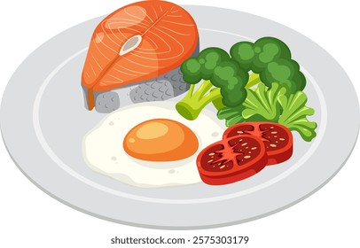 A nutritious meal featuring salmon, egg, and vegetables