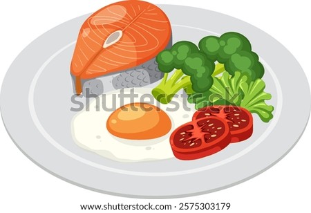 A nutritious meal featuring salmon, egg, and vegetables