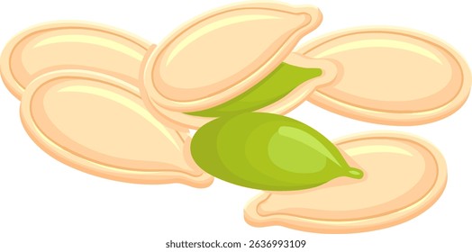 Nutritious pumpkin seed being revealed from its protective shell, showcasing its vibrant green color and surrounded by several other pepitas