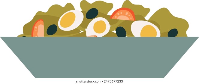 nutritious salad bowl showcases sliced boiled eggs, fresh tomatoes, olives, leafy greens, colorful composition emphasizes wholesome meal perfect healthy diet. Digital illustration highlights vibrant