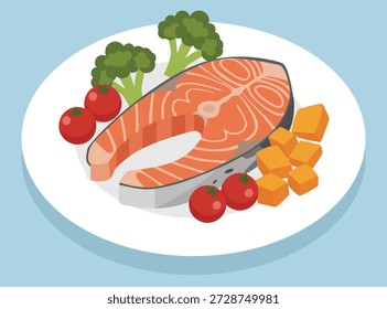 El nutritivo filete de salmón se sirve en un plato con brócoli al vapor, tomates cherry y cubitos de calabaza asados, perfecto para una dieta saludable, nutrición y conceptos cetogénicos.
