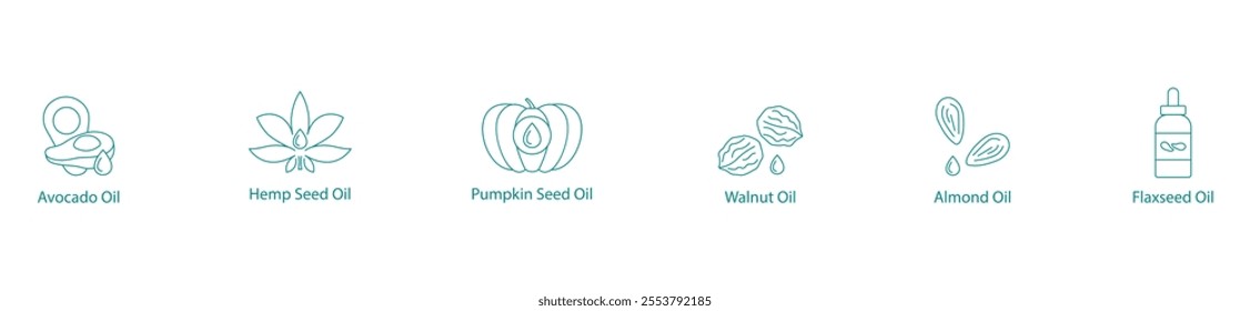 Nutritious Seed Oils Vector Icon Set: Avocado, Hemp, Pumpkin, Walnut, Almond, Flaxseed