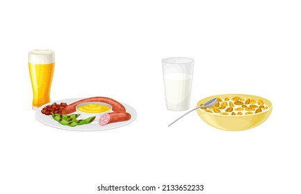 Auf den Tellern servieren wir leckere Gerichte. Flakes mit Milch, Würsten und Bierkartoon, Vektorgrafik