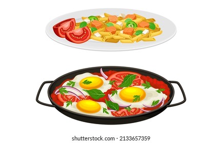 Nutritious tasty dishes served on plates set. Pasta with salmon fish, fried eggs with tomatoes cartoon vector illustration