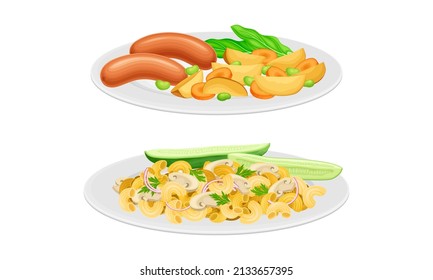 Nutritious tasty dishes served on plates set. Potato with sausages and pasta with mushrooms cartoon vector illustration