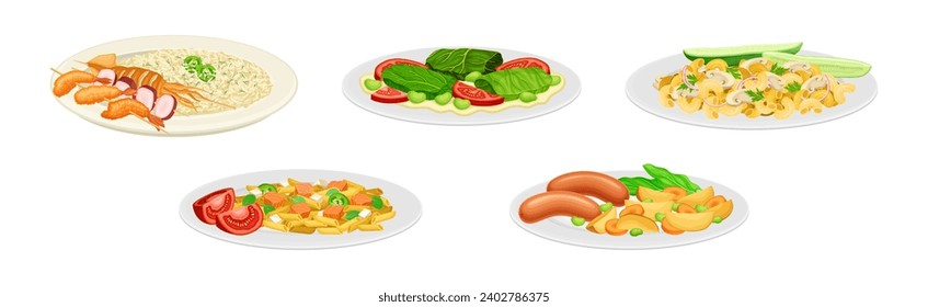 Nutritious Tasty Dishes Served on Plates Vector Set