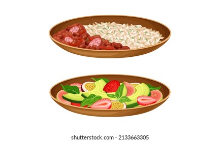 Nutritious tasty dishes set. Rice with stewed beans and salad of fresh vegetables, main courses served on plates vector illustration