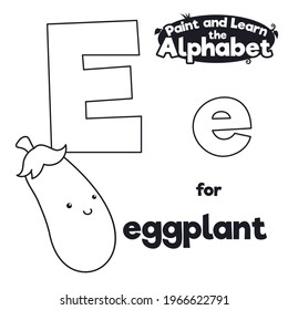 Nutritive and smiling eggplant ready for didactic alphabet and learning of letter 'E', while you color it.