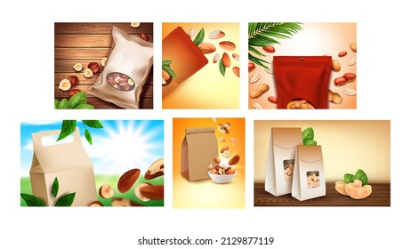 Nuts Assortment Creative Promo Posters Set Vector. Cashew And Almonds, Peanuts And Hazelnuts Nuts Blank Packages And Natural Leaves On Advertising Banners. Style Concept Template Illustrations