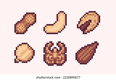 Nuts assortment pixel art set. Seeds, cacao and bean collection. 8 bit sprite. Game development, mobile app.  Isolated vector illustration.