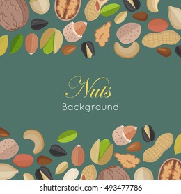 Nuts background concept vector in flat design. Walnut, cashew, pistachio, peanut, almond, sunflower, pumpkin, flax illustrations for wallpaper, polygraphy, textiles, web page design, surface textures.