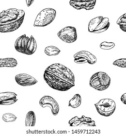 Nuts background. Seamless pattern with nuts. Hand drawn vector background.