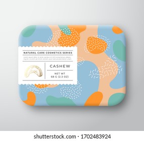 Nuts Bath Cosmetics Box. Vector Wrapped Paper Container with Care Label Cover. Packaging Design. Modern Typography and Hand Drawn Cashew. Abstract Camo Background Pattern Layout. Isolated.