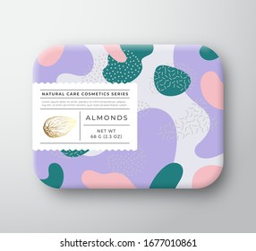 Caja Del Paquete De Cosméticos De Baño De Nueces. Contenedor de papel envuelto con tapa de etiqueta de cuidado. Diseño de empaquetado. Tipografía moderna y almendras dibujadas a mano. Diseño de patrón de fondo de cámara abstracto. Aislado.