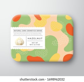 Nuts Bath Cosmetics Package Box. Vector Wrapped Paper Container with Care Label Cover. Packaging Design. Modern Typography and Hand Drawn Hazelnut. Abstract Camo Background Pattern Layout. Isolated.