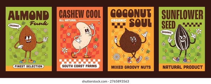 Nuts, bean and seed groovy hippie characters posters with cartoon almond, cashew, coconut and sunflower. Vector groovy hippie nut and seed retro personages promoting natural and organic product mood