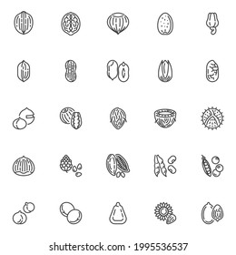 Nuts and beans line icons set. linear style symbols collection, outline signs pack. Nuts and seeds vector graphics. Set includes icons as corn kernel, walnut shell, hazelnut, almond, cashew, peanut