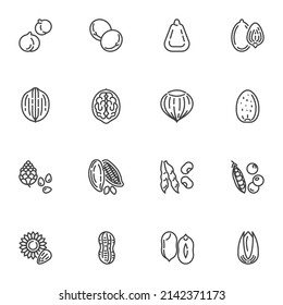 Nuts and beans line icons set, outline vector symbol collection, linear style pictogram pack. Signs, logo illustration. Set includes icons as peas, hop, almond, peanut, macadamia, walnut, hazelnut