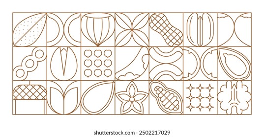 Nuts and beans modern geometric pattern with vector line almond, walnut, peanut and hazelnut. Abstract shapes background with outline chestnut, pecan and cashew, pistachio and acorn square tiles