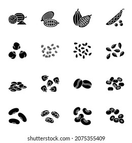 Nueces, frijoles y semillas conjunto de iconos sólidos negros, colección de símbolos alimentarios.