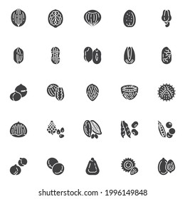 Nuts and beans vector icons set, modern solid symbol collection, filled style pictogram pack. Signs logo illustration. Set includes icons as corn kernel, walnut shell, hazelnut, almond, cashew, peanut
