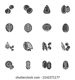 Nuts and beans vector icons set, modern solid symbol collection, filled style pictogram pack. Signs, logo illustration. Set includes icons as peas, hop, almond, peanut, macadamia, walnut, hazelnut