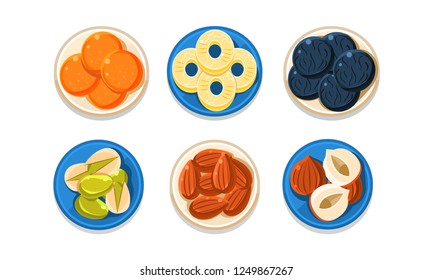 Nuts and berries set, pineapple, blueberry, sea buckthorn, pistachio, almond, hazelnut, top view vector Illustration on a white background