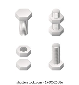 Nuts And Bolts. Colored Isometric Vector Illustration. Isolated On White Background.