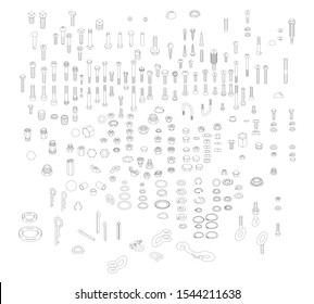 Nuts, Bolts & Screws Collection, Isometric View, Technical Illustration, Cotter Pin, Vector Machine Screws, Angle, 3D, Hex Head, Phillips, Flathead, Exploded Diagram, Engineering Drawing, Line Art