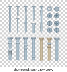 Nuts and bolts. Steel brass bolt, metal screw nut, iron nail, rivet, washer hardware side and top view isolated on transparent background. Vector construction fitting work tool elements illustration