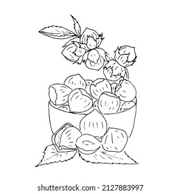Nuts in a bowl.Doodles ,vector,black and white illustration,coloring book for adults and children.