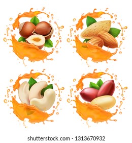 Nuts in caramel or honey splashes set