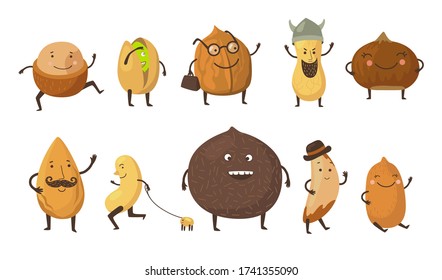 Nuts cartoon character set. Walnut, pistachio, hazelnut, almond, peanut, cashew, shell. Flat vector illustrations for vegan diet, food for kids, healthy nutrition concept