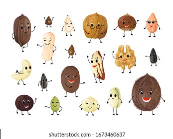 Nuts cartoon characters. Cute mascot persons for kids illustration, peanut walnut hazelnut pistachio almond macadamia pecan cashew. Vector set nature nut with face on white background
