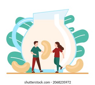 Сashew nuts and cashew milk. Сashew milk production process. People are making. Vector illustration