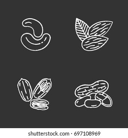 Nuts chalk icons set. Almond, peanut, cashew and pecan nuts. Isolated vector chalkboard illustrations