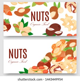 Nuts collection flat cartoon set of banners vector illustration. Peanut, pistachio, cashew, coconut, hazelnut and macadamia. Healthy organic food, good snack. Nutrition and agriculture.