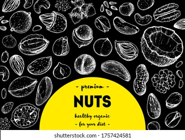 Nuts collection hand drawn sketch. Vector illustration. Organic healthy food. Great for packaging design. Engraved style. Black and white color