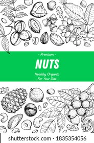 Nuts collection hand drawn sketch. Vector illustration. Organic healthy food. Great for packaging design. Engraved style. Black and white color