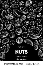 Nuts collection hand drawn sketch. Vector illustration. Organic healthy food. Great for packaging design. Engraved style. Black and white color