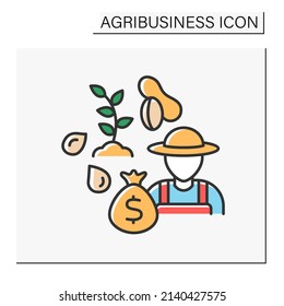 Nuts cultivation color icon. Agronomist grows, caring or raising nuts tree for market sale. Peanuts, hazelnuts. Profitable business. Agribusiness concept. Isolated vector illustration