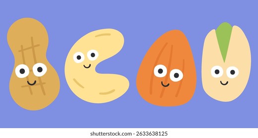 Nuts. Cute characters. Funny food design. Hand drawn illustration on purple background.