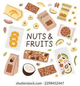 Colección de nueces y frutos secos a mano, íconos de aperitivos veganos sanos, ilustraciones vectoriales de plátano seco, piña, almendras, mezcla de frutas, conjunto de doodles con letras, clíparte de color aislado