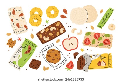 Nuts and dried fruit hand drawn collection, icons of healthy vegan snacks, vector illustrations of nut protein bar, dried banana, pineapple, almond, fruit mix. Cartoon healthy snack